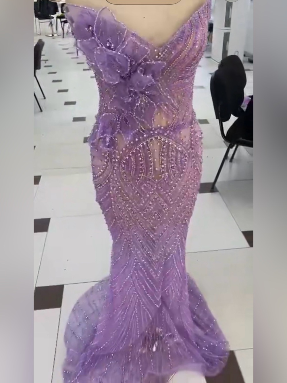 Lavender Beaded Mermaid Prom Dress with Floral Appliqué